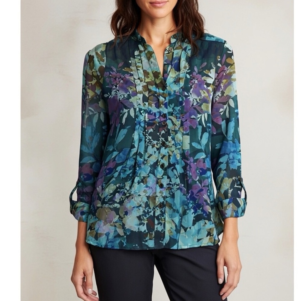 Soft Surroundings Teal Purple Floral Blouse Artsy Sheer with Tank Top NEW